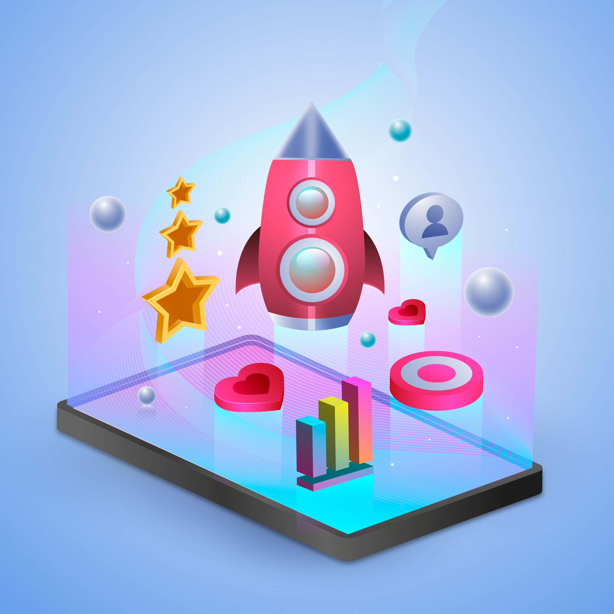 SquardTech digital marketing concept with smartphone, rocket launch, social media icons, growth charts, and engagement symbols.