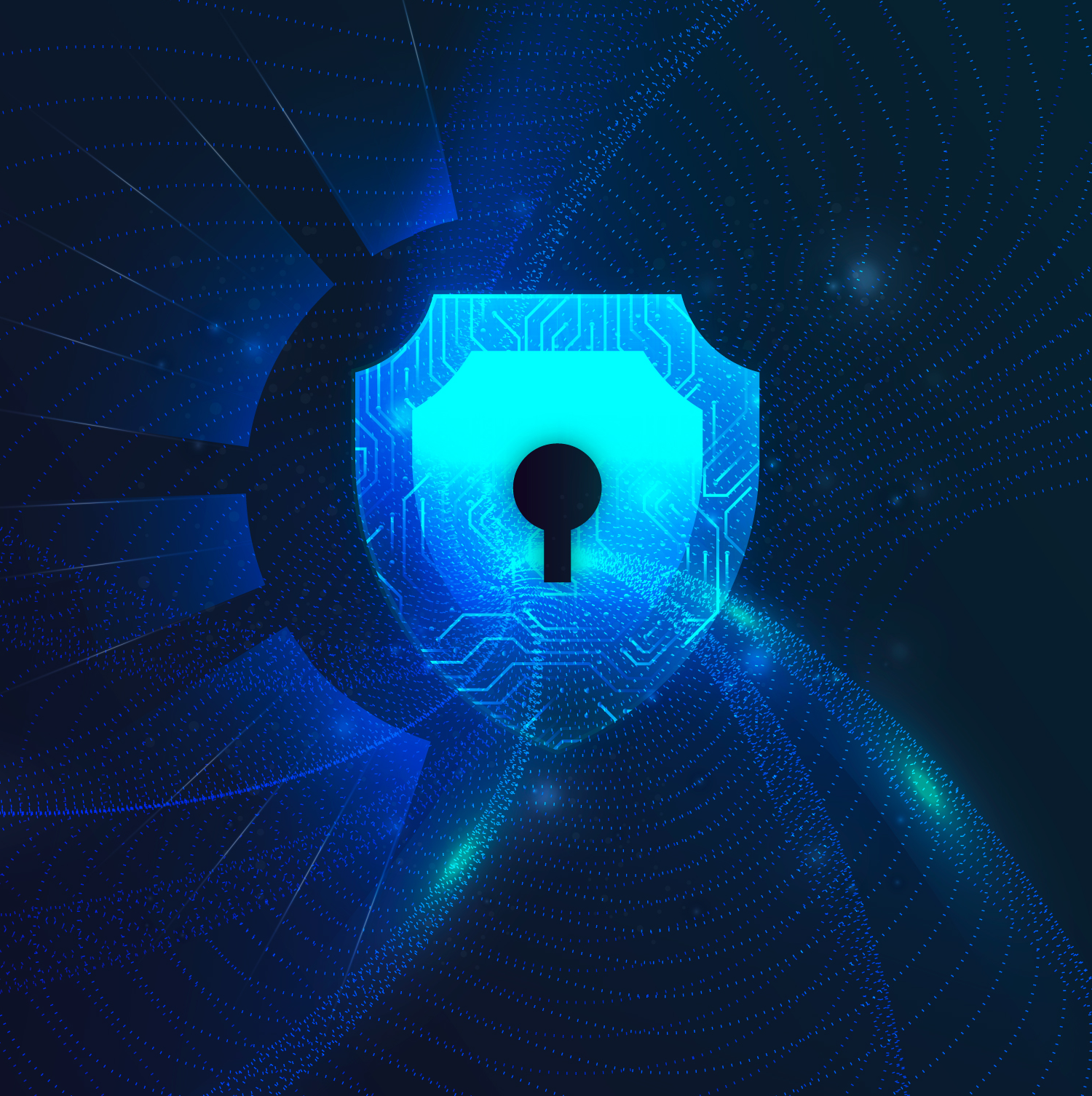 SquardTech cybersecurity shield with digital lock symbol representing data protection and online security.